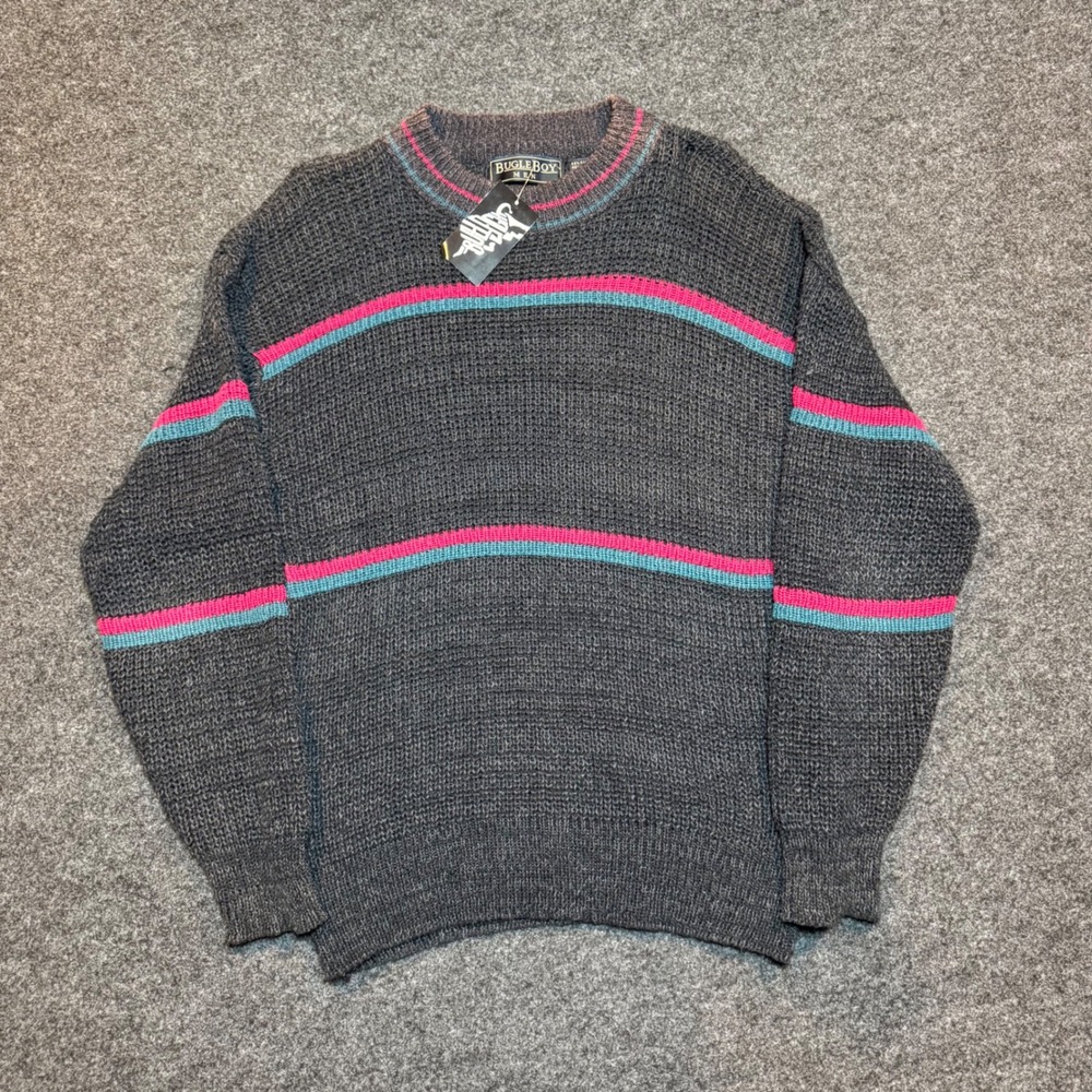 Vintage Bugle Boy Men Sweater Large Gray Pink Teal Striped Ramie Cotton Knit NWT